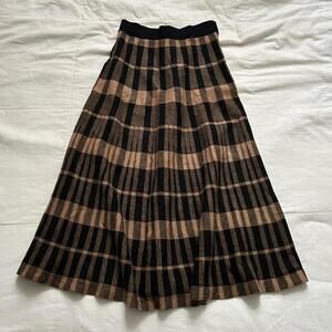 Axes Femme Brown and orange plaid pleated knit midi skirt with elastic waistband